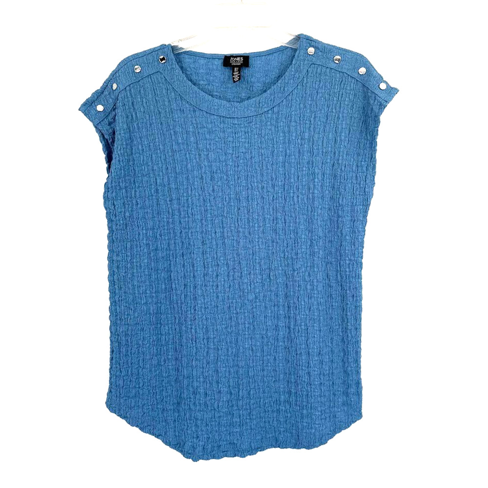Jones New York Top Womens Small Blue Textured Cap Sleeve Button Shoulder Blouse